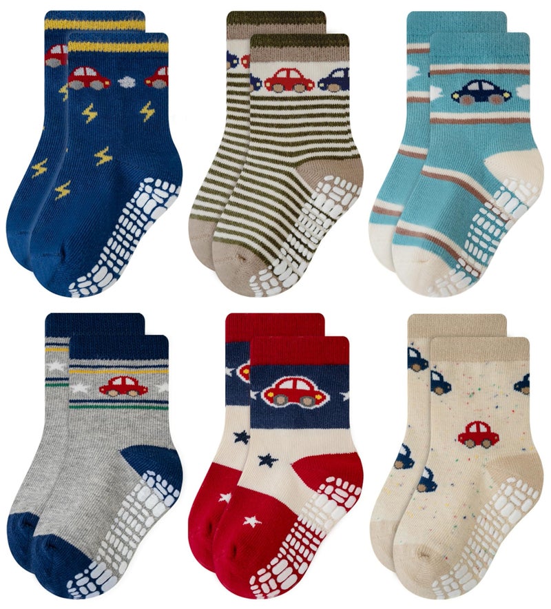 RATIVE Non Skid Anti Slip Slipper Cotton Crew Socks With Grips for Baby Toddlers Kids Boys (1-3T, 6-pairs/RB-712) - Image 1
